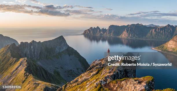 man enjoying sunset standing on mountain top, norway - fjord stock pictures, royalty-free photos & images