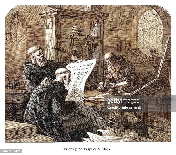 old engraved illustration of printing of vespucci's book - publisher stock pictures, royalty-free photos & images