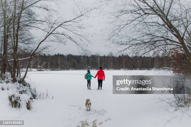 glückliche frau und mann mit hund, die den winter am see im wald genießen - gefrorener see stock-fotos und bilder