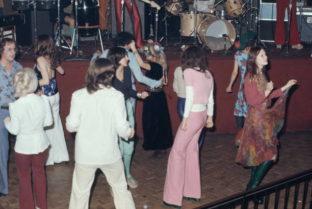 Clubbers on the dancefloor as an unspecified band perform on stage at the Whisky a Go Go, a nightclub on Sunset Boulevard in West Hollywood,...