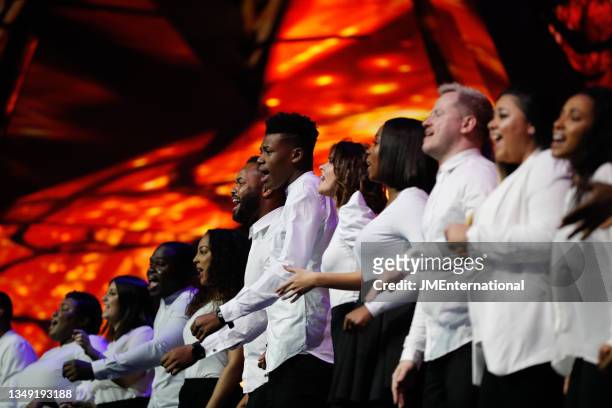 Backing singers form Justin Timberlake's performance of 'Midnight Summer Jam' and, 'Say Something' on stage at The BRIT Awards 2018 Show, The O2,...
