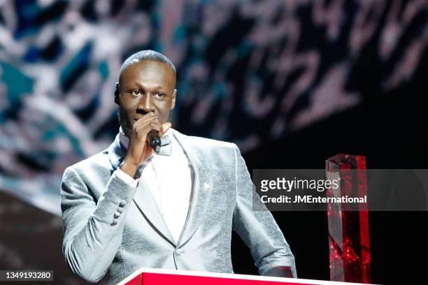 Stormzy accepts the the British Male Solo Artist award during The BRIT Awards 2018 Show, The O2, London, UK, Wednesday 21 Feb 2018.