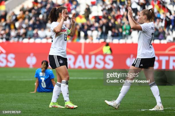 Sara Daebritz of Germany celebrates the second goal with Laura Freigang of Germany during the FIFA Women's World Cup 2023 Qualifier group H match...
