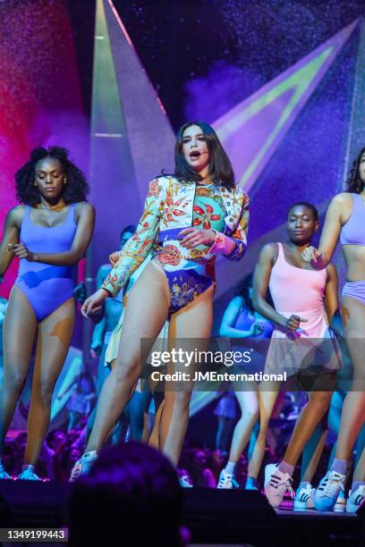 Dua Lipa performs 'New Rules' on stage at The BRIT Awards 2018 Show, The O2, London, UK, Wednesday 21 Feb 2018.