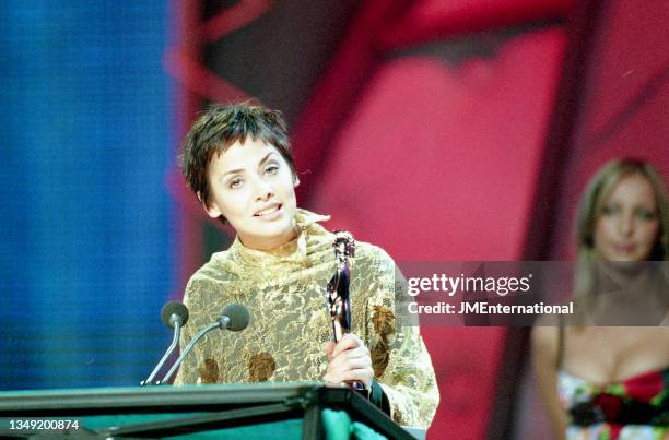 Natalie Imbruglia accepts the award for International Female Solo Artist during The 19th BRIT Awards 1999 with Mastercard, London Arena, London, UK,...