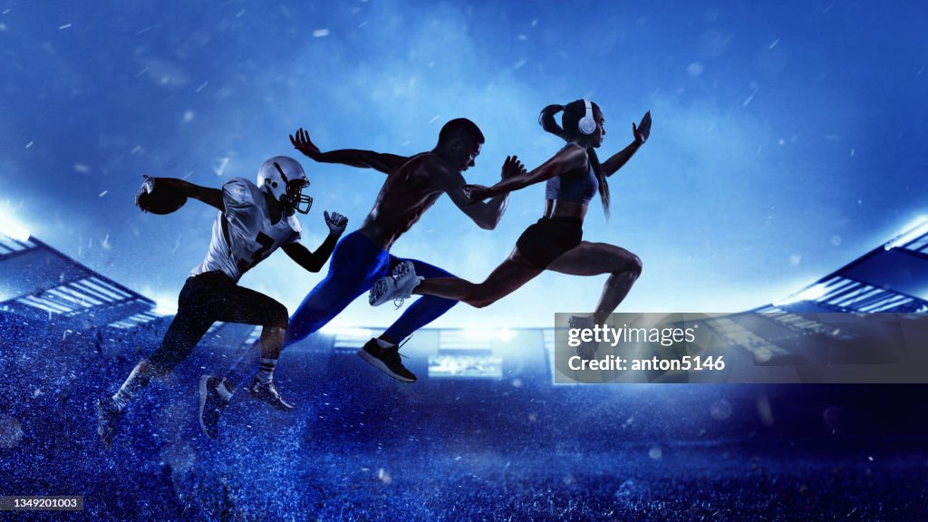 Silhouettes of professional sportsmen, american football player and runners in motion, action isolated over blue evening sky and stadium with spotlights.