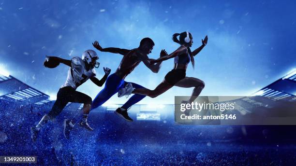 silhouettes of professional sportsmen, american football player and runners in motion, action isolated over blue evening sky and stadium with spotlights. - athlete montage stock pictures, royalty-free photos & images