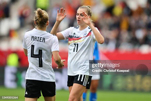 Laura Freigang of Germany celebrates the third goal with Leonie Maier of Germany during the FIFA Women's World Cup 2023 Qualifier group H match...