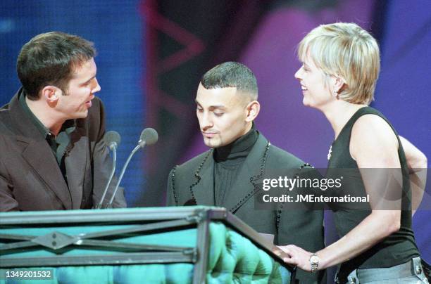 Host - Johnny Vaughan with Mariella Frostrup & Prince Naseem presenters of the British Album of the Year award during The 19th BRIT Awards 1999 with...