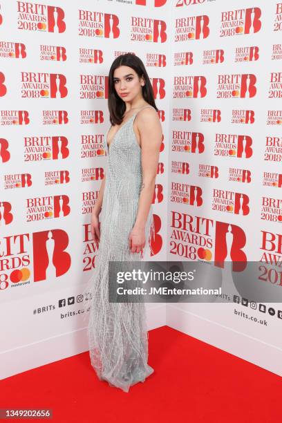 Dua Lipa, winner of the British Female Solo Artist and British Breakthrough act awards, poses in the winners room during The BRIT Awards 2018 Show,...