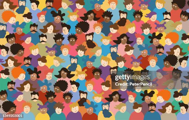 multicultural crowd of abstract funny people. group of different men and women. young, adult and older peole. european, asian, african and arabian people. vector illustration. - feeling full stock illustrations