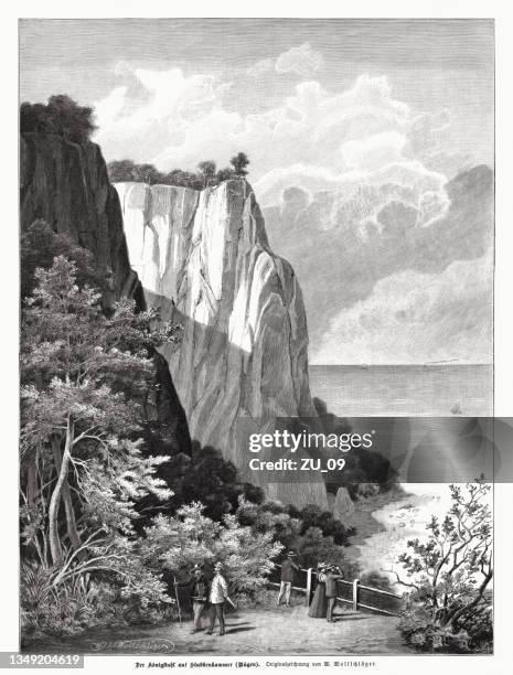 stockillustraties, clipart, cartoons en iconen met königsstuhl on stubbenkammer, rügen, mecklemburg-vorpommern, germany, wood engraving, published 1897 - rügen island chalk cliffs