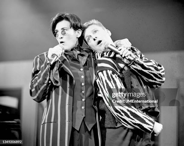 Lang performs with Andy Bell of Erasure during The BRIT Awards 1993, Tuesday 16 February 1993, Alexandra Palace, London, England, Photo: John...