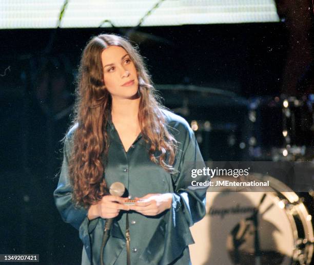 Alanis Morissette performs on stage during The BRIT Awards 1996, Monday 19 February 1996, Earls Court Exhibition Centre, London, England.