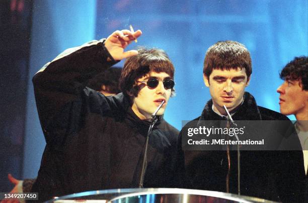 Liam and Noel Gallagher of Oasis attend The BRIT Awards 1995, Monday 20 February 1995, Alexandra Palace, London, England.