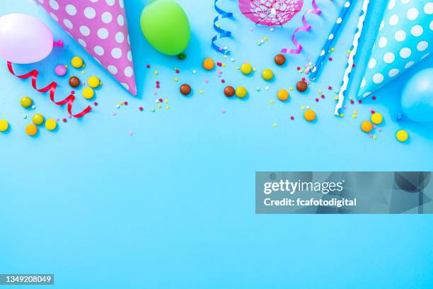 multicolored party or birthday accessories frame - party hat imagens e fotografias de stock