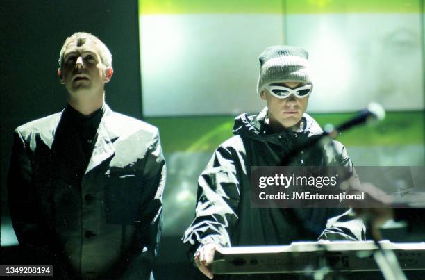 Pet Shop Boys - Neil Tennant, Chris Lowe perform on stage during The BRIT Awards 1996, Monday 19 February 1996, Earls Court Exhibition Centre,...