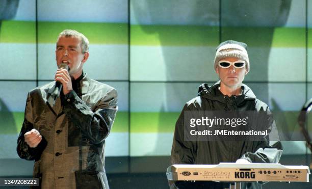 Pet Shop Boys - Neil Tennant, Chris Lowe perform on stage during The BRIT Awards 1996, Monday 19 February 1996, Earls Court Exhibition Centre,...