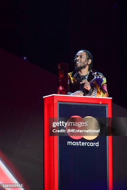 Kendrick Lamar accepts the International Male Solo Artist award during The BRIT Awards 2018 Show, The O2, London, UK, Wednesday 21 Feb 2018.