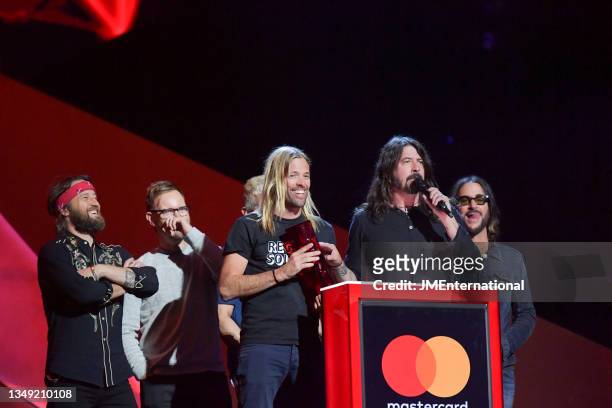 Foo Fighters accept the International Group award during The BRIT Awards 2018 Show, The O2, London, UK, Wednesday 21 Feb 2018.