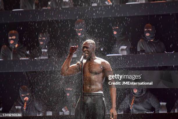 Stormzy performs 'Blinded by Your Grace, Pt, 2' and, 'Big for Your Boots' on stage at The BRIT Awards 2018 Show, The O2, London, UK, Wednesday 21 Feb...
