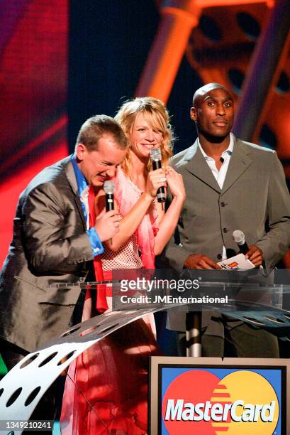 Hosts Frank Skinner and Zoe Ball with presenter Sol Campbell during The 22nd BRIT Awards Show, Earls Court 2, London, UK, Wednesday 20 February 2002.