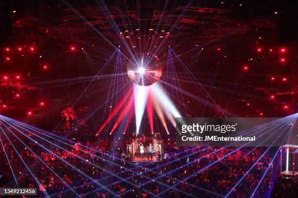 View from above the auditorium showing the stage, audience tables and lighting during The BRIT Awards 2019, The O2, London, UK, Friday 22 Feb 2019.
