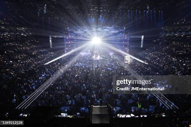 View from the back of the auditorium showing the stage, audience at tables and lighting during The BRIT Awards 2019, The O2, London, UK, Friday 22...