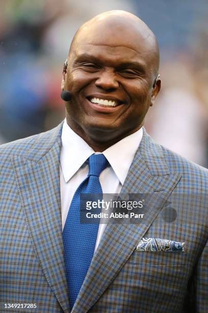 Commentator and former NFL player Booger McFarland reacts before a game between the Seattle Seahawks and New Orleans Saints at Lumen Field on October...