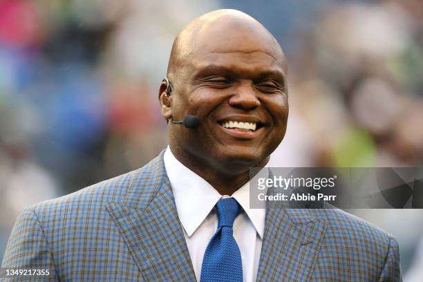 Commentator and former NFL player Booger McFarland reacts before a game between the Seattle Seahawks and New Orleans Saints at Lumen Field on October...
