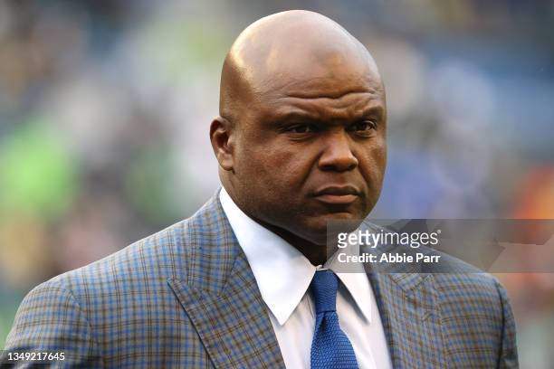 Commentator and former NFL player Booger McFarland looks on before a game between the Seattle Seahawks and New Orleans Saints at Lumen Field on...