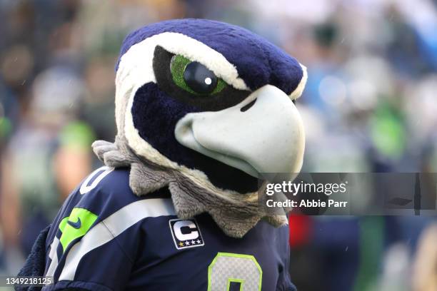 Seattle Seahawks mascot Blitz looks on during a game against the New Orleans Saints at Lumen Field on October 25, 2021 in Seattle, Washington.