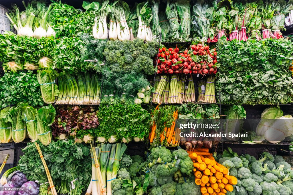 Fresh greens and vegetables on a display in a supermarket