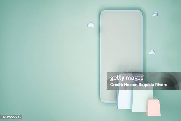 3d render of mobile phone with shopping bags in green tones, online shopping concept - infographics business store stock pictures, royalty-free photos & images