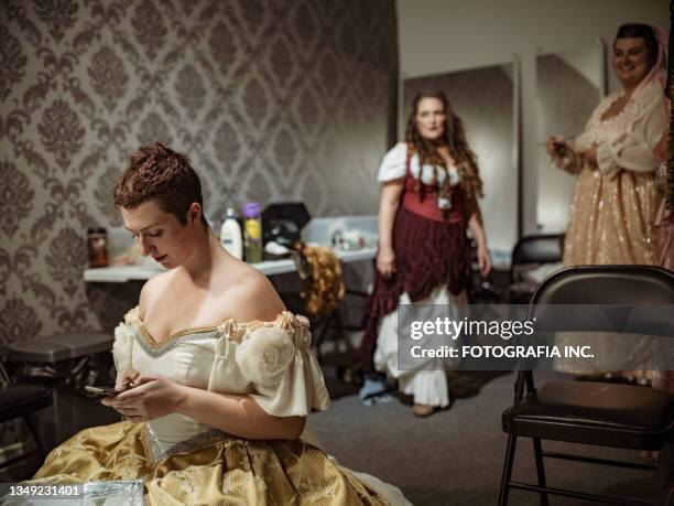 three actresses in period costume in dressing room - text bands stock pictures, royalty-free photos & images