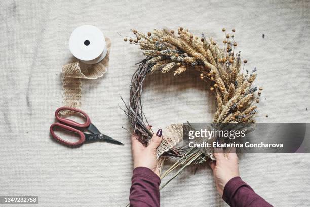 making a beautiful autumn wreath for the decor of an apartment or house from dried flowers. close-up of women's hands with a wreath of dried plants. - blumenkranz stock-fotos und bilder