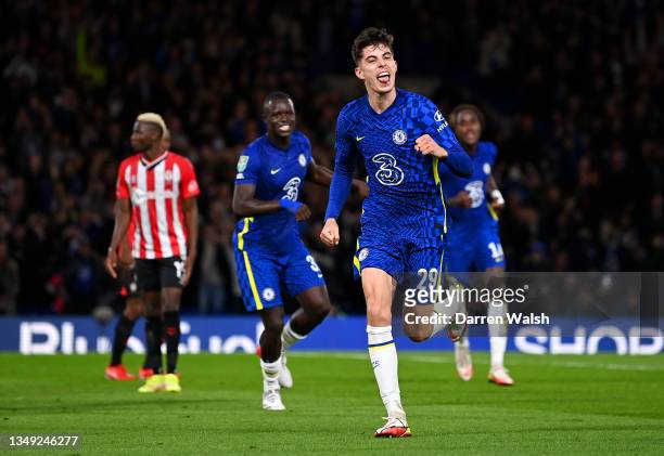 Kai Havertz of Chelsea celebrates after scoring their side's first goal during the Carabao Cup Round of 16 match between Chelsea and Southampton at...