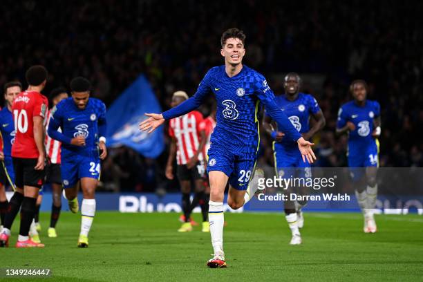 Kai Havertz of Chelsea celebrates after scoring their side's first goal during the Carabao Cup Round of 16 match between Chelsea and Southampton at...