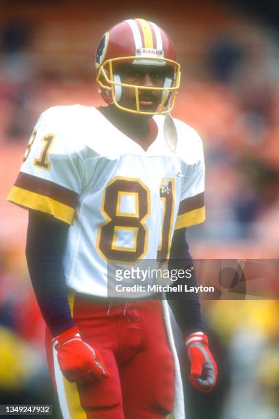 Art Monk of the Washington Redskins looks on before a NFL football game against the Buffalo Bills on December 30, 1990 at RFK Stadium in Washington,...
