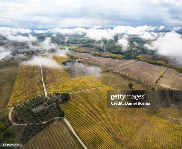 beautiful autumn colored vineyards in the chianti region in italy seen from the air after a thunderstorm - chianti streek stockfoto's en -beelden