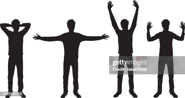mann posiert mit auslenkten armen silhouetten - junge männer stock-grafiken, -clipart, -cartoons und -symbole