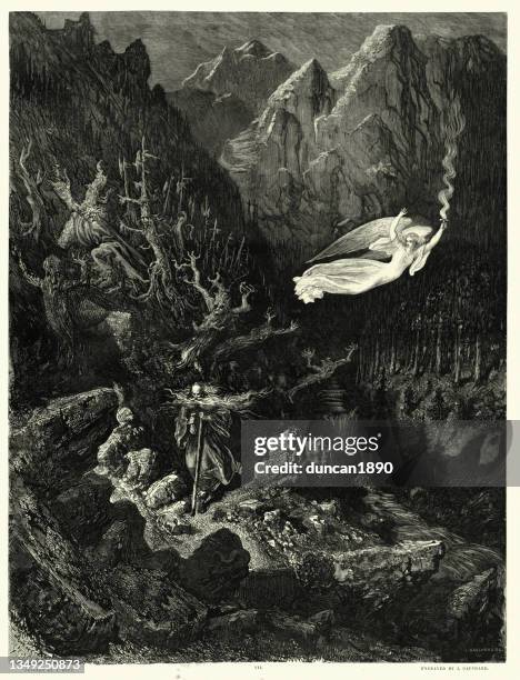 wandering jew, illustrated by gustave dore, walking in haunted forest, watched over by an angel - creepy monsters from the past stock illustrations