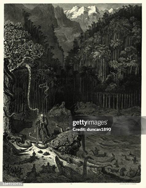 legend of the wandering jew, illustrated by gustave dore. surrounded by serpents and beasts - creepy monsters from the past stock illustrations