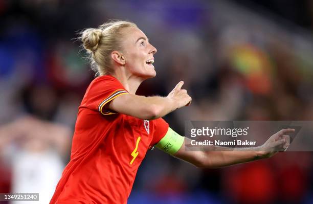 Sophie Ingle of Wales celebrates scoring her team's fourth goal during the FIFA Women's World Cup 2023 Qualifier group I match between Wales and...