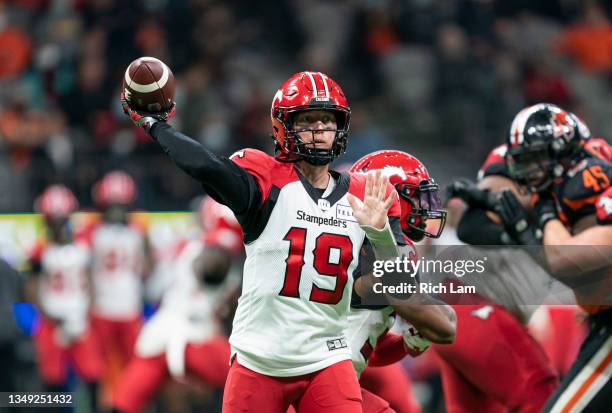 Quarterback Bo Levi Mitchell of the Calgary Stampeders throws a pass during CFL football action against the BC Lions at BC Place on October 16, 2021...