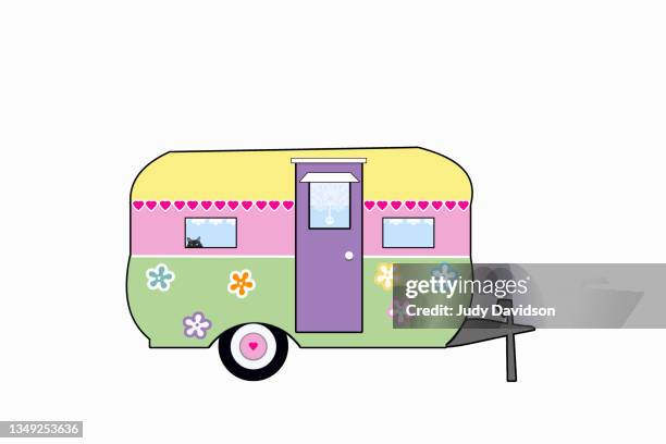 illustration of cute hippie girl power camper - cartoon tire foto e immagini stock