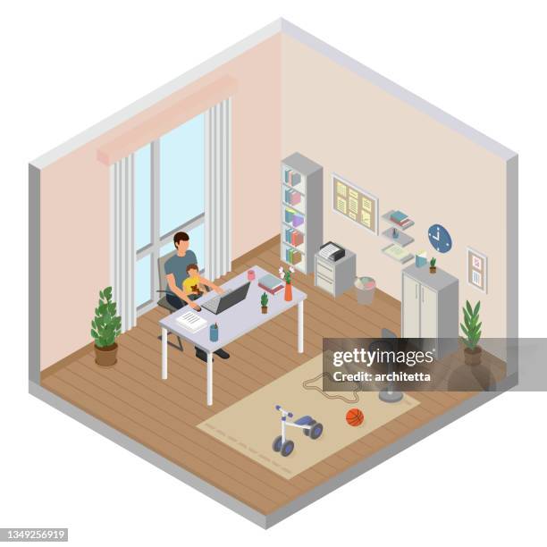 men working at home using computer holding his baby - train window stock illustrations