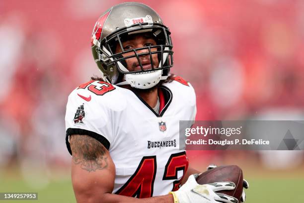 Ross Cockrell of the Tampa Bay Buccaneers warms up prior to the game against the Chicago Bears at Raymond James Stadium on October 24, 2021 in Tampa,...