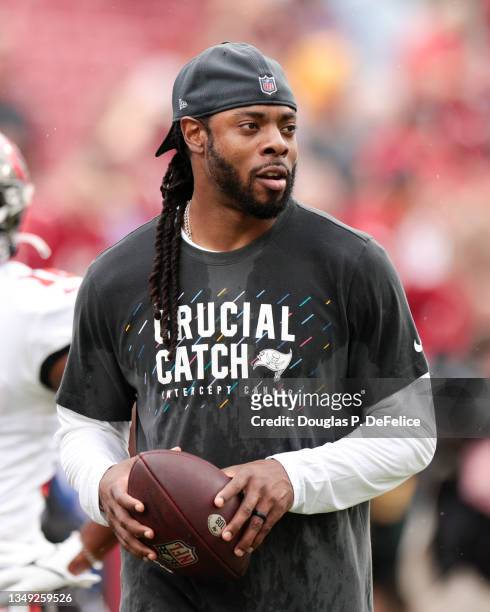 Richard Sherman of the Tampa Bay Buccaneers looks on prior to the game against the Chicago Bears at Raymond James Stadium on October 24, 2021 in...