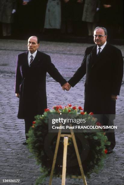 Francois Mitterrand and Helmut Kohl on December 22, 1984 in Verdun,France .